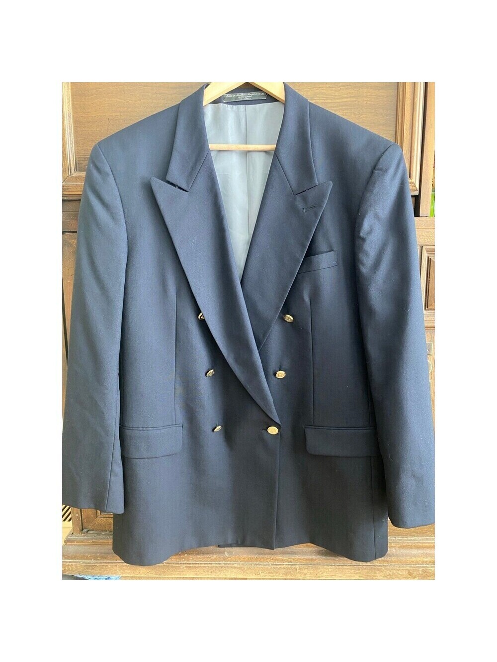 Petrocelli vintage wool double breasted gold button navy blazer 44L preppy